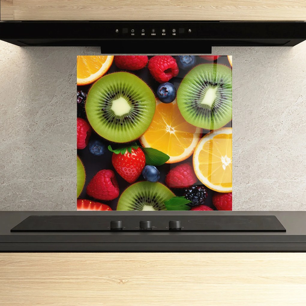 Panou Sticla Bucatarie, 60x60cm, Protectie aragaz, Antistropi, Termorezistent, Alimente, Fructe, Kiwi Fruit Mix