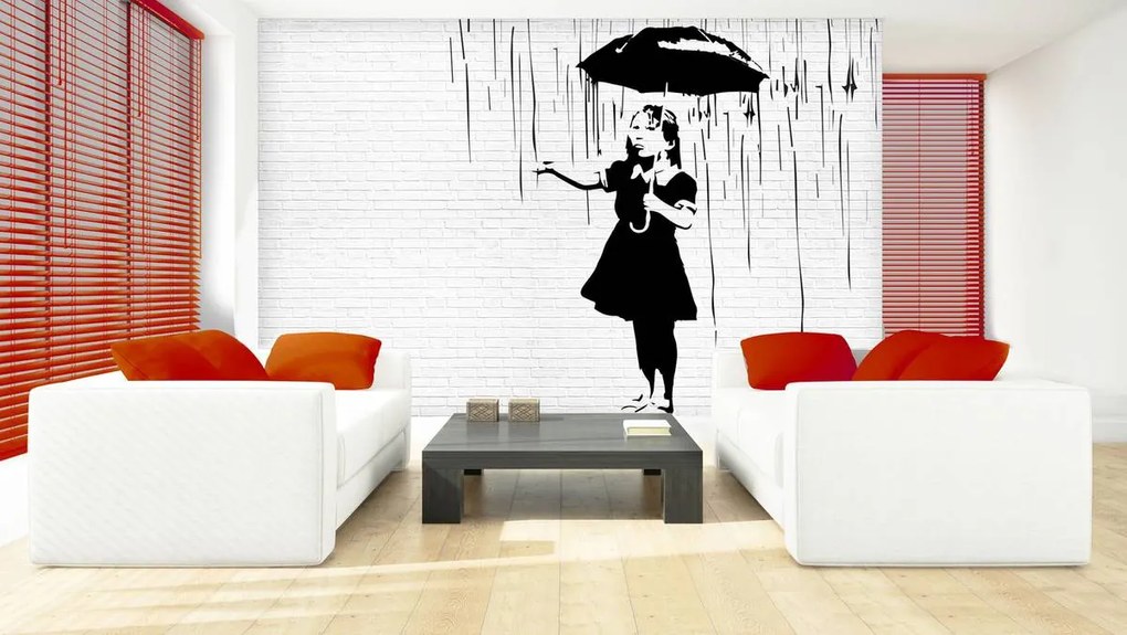 Fototapet - Fata cu umbrelă în ploaie (254x184 cm)