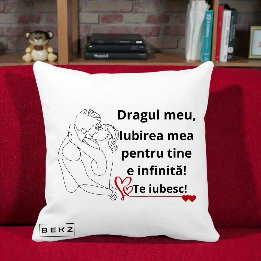 Cadou pentru Iubit - Perna Personalizata Dragul Meu Iubirea Mea pentru Tine e Infinita Te Iubesc, 40x40 cm, Alba Mata, Husa Detasabila, Perna Inclusa, BEKZ®