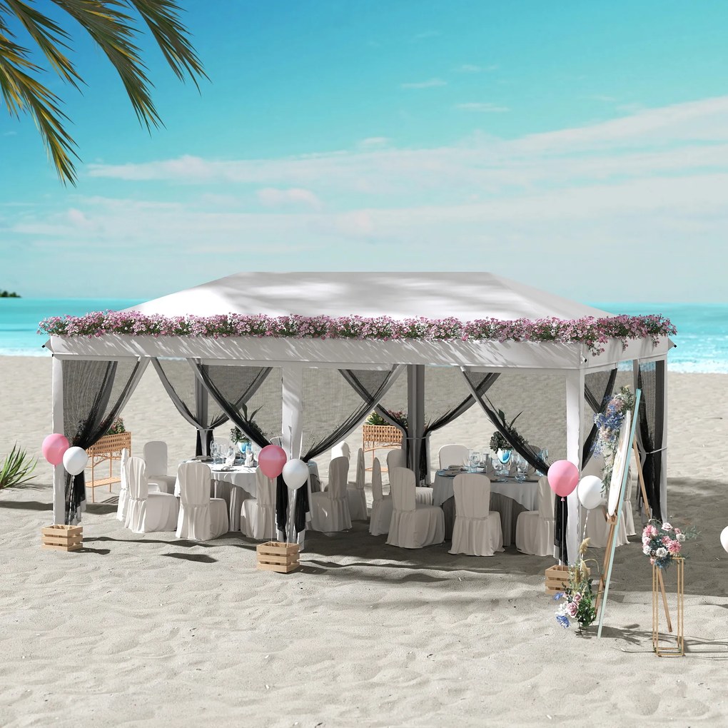 Outsunny Foisor Pliabil cu 6 Perdele Plasa de Tantari, Foisor de Gradina cu Structura din Otel, 585x295x270cm, Alb Crem | AOSOM RO
