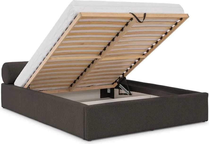 Pat matrimonial gri închis tapițat cu spațiu de depozitare cu somieră 200x200 cm Cille – Ropez