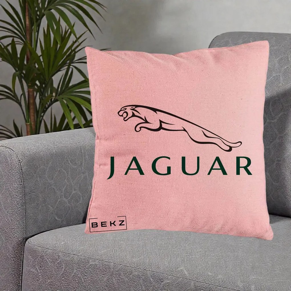 Perna Personalizata cu emblema Jaguar, 40x40 cm, Roz, Husa Detasabila, Perna Inclusa, BEKZ®