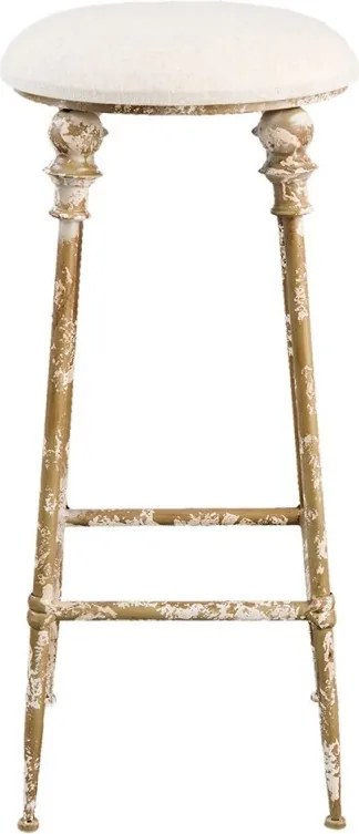 Scaun de bar vintage din metal și stofă, maro, cu șezut rotund și picioare cu capiteluri, finisaj antichizat, 78 x Ø 34 cm, „Rosalie”