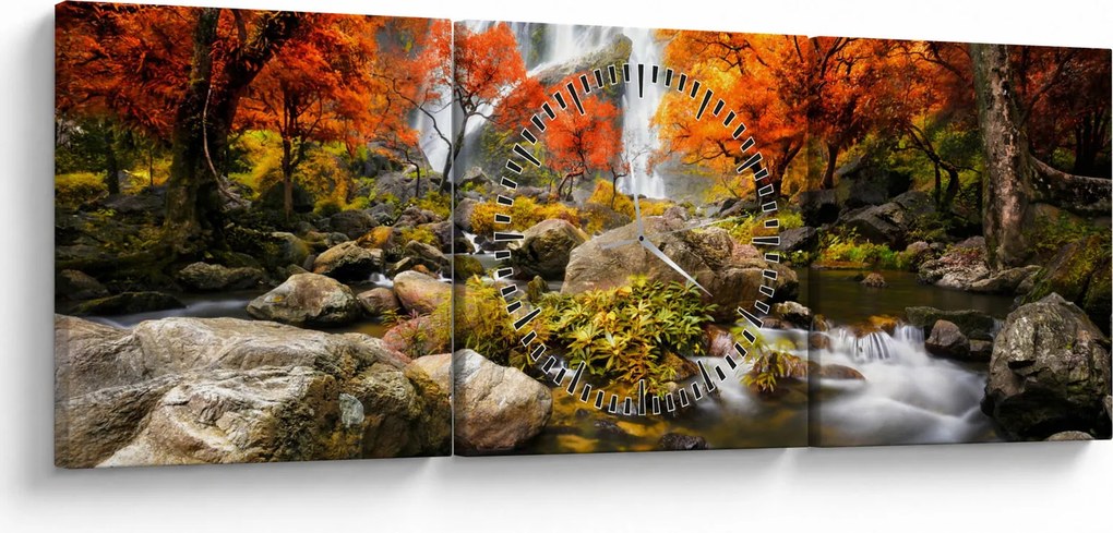 Tablou - Cascade în peisaj de toamnă, portocaliu (cu ceas) (90x30 cm)