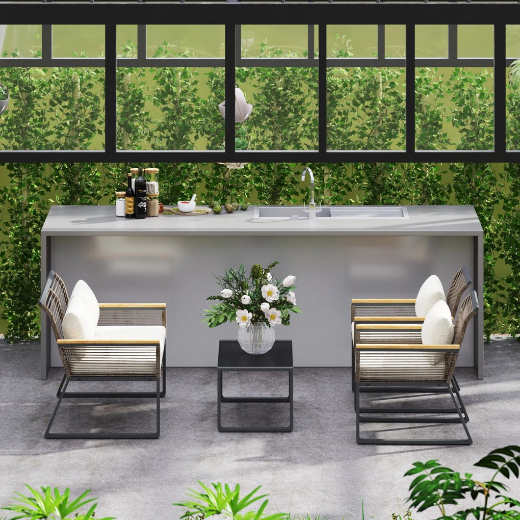 Outsunny Set mobilier de grădină din polyrattan pentru 4 persoane, rezistent la intemperii, set balcon cu canapea 2 locuri, 2 scaune, masă cu sticlă, perne Bej | Aosom Romania