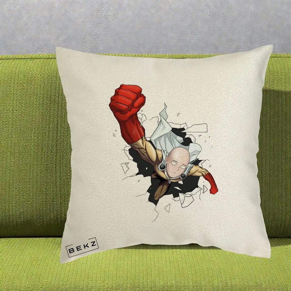 Perna Personalizata One Punch Man Saitama Pumn, 40x40 cm, Ecru, Husa Detasabila, Perna Inclusa, BEKZ®