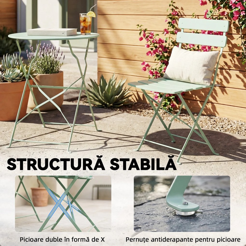 Outsunny Set Grădină Bistro: Masă Rotundă și Scaune Pliabile pentru 2, Verde Deschis. | Aosom Romania