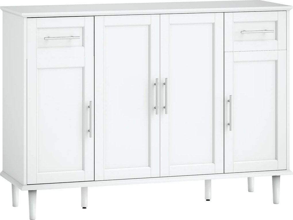 HOMCOM Mobilier de Sufragerie, Credență cu 2 Sertare și 3 Dulapuri cu Rafturi Reglabile, Comodă cu Picioare din Pin pentru Sala de Mese și Bucătărie, 120x38x86 cm, Alb | Aosom Romania