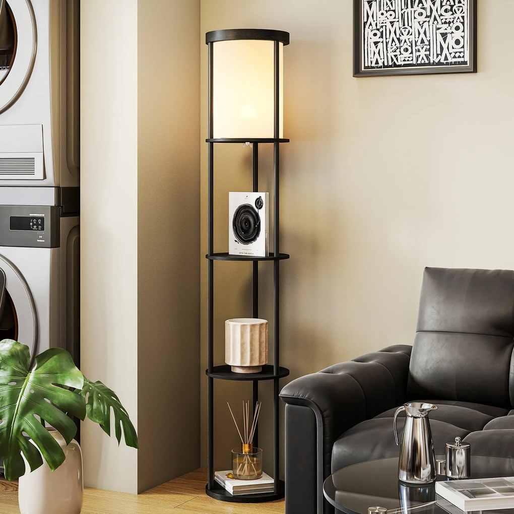 HOMCOM Lampă de podea cu 3 rafturi, design rotund, telecomandă, comutator de picior, temperatură de lumină reglabilă, pentru living, Negru | Aosom Romania