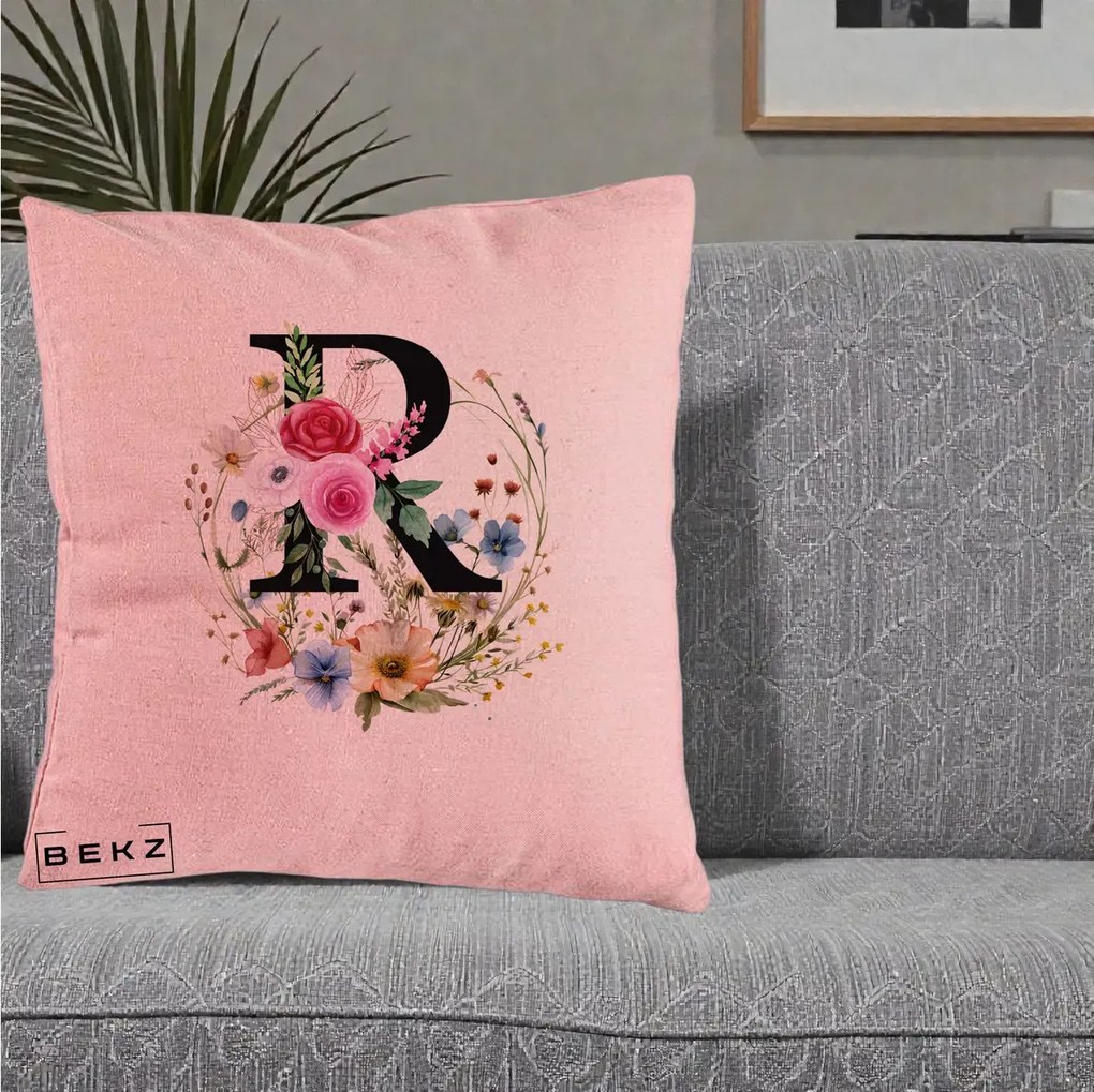 Cadou Personalizat - Perna Personalizata Monogram Litera R cu Flori Acuarela, 40x40 cm, Roz, Husa Detasabila, Perna Inclusa, BEKZ®