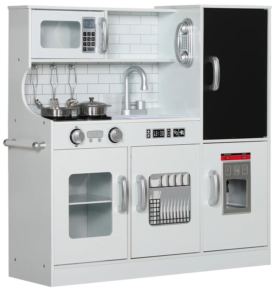 AIYAPLAY Bucătărie pentru copii, bucătărie de jucărie cu telefon, tablă, cuptor cu microunde, cuptor, chiuvetă, accesorii, mașină de cuburi de gheață, 3-8 ani, alb | Aosom Romania