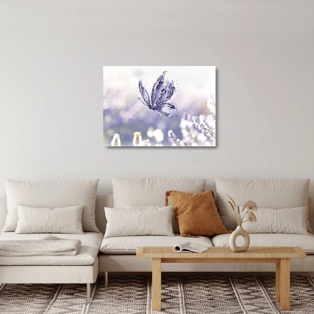 Tablou pe sticlă - Fluture și lavandă (70x50 cm)