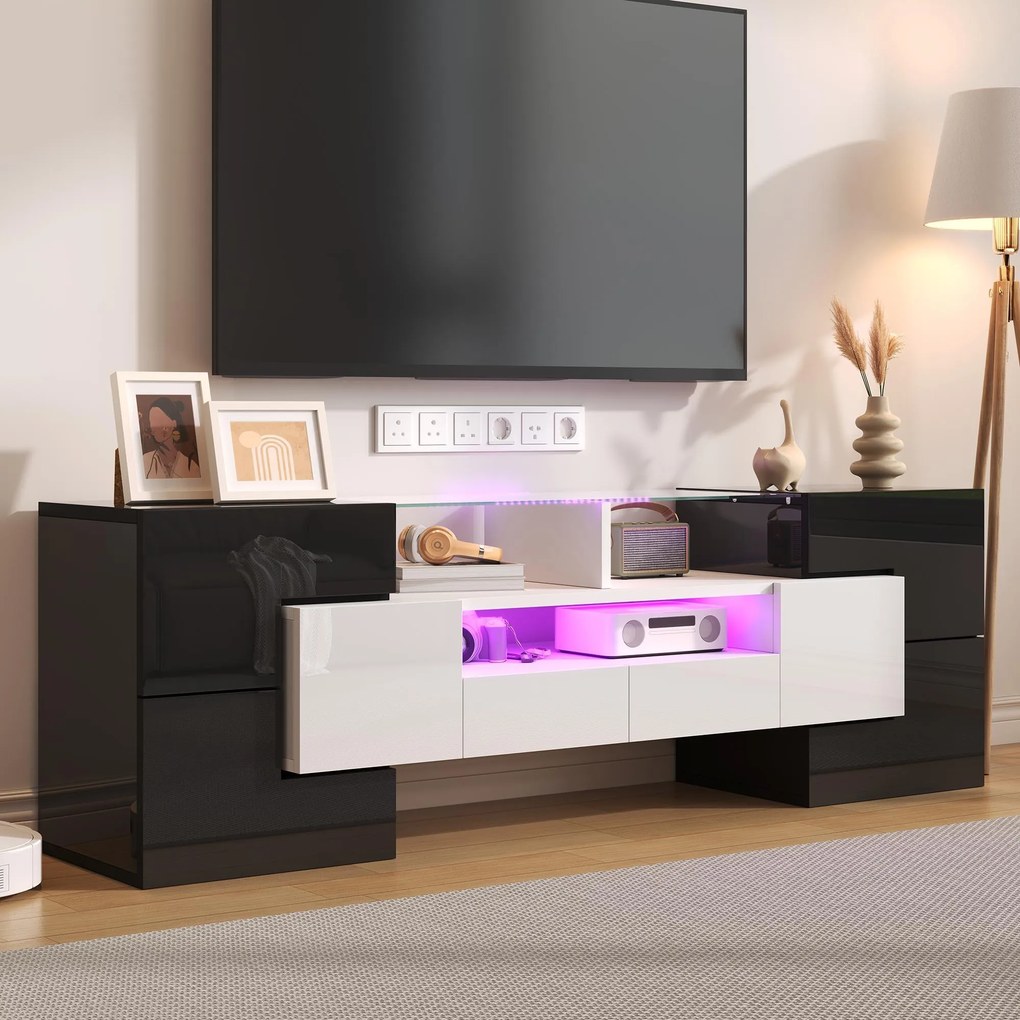 Dulap TV cu iluminare LED, suprafețe din sticlă, cu 6 uși, 2 sertare și 3 compartimente, 145x30x51 cm, Alb+Negru