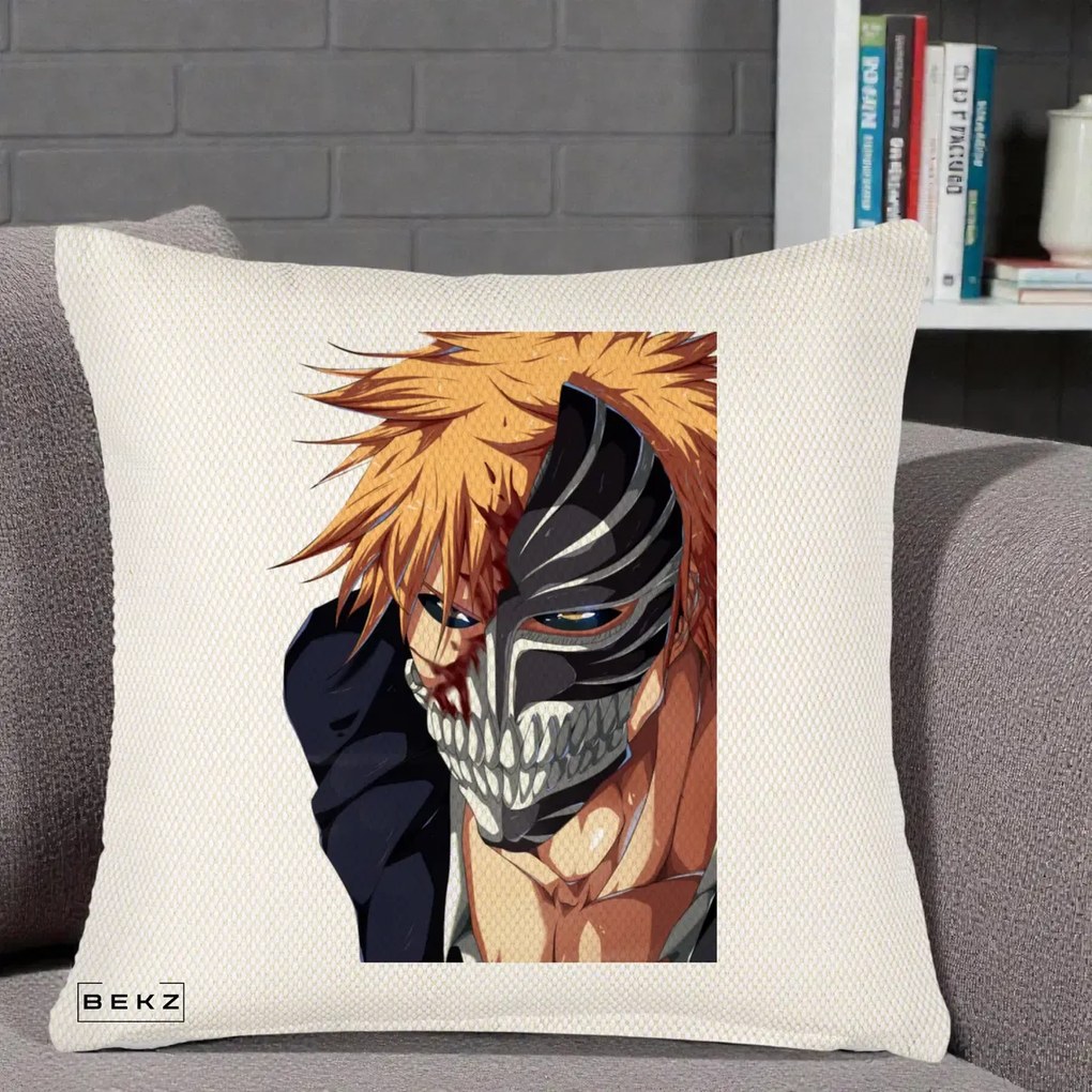 Perna Personalizata Bleach Ichigo Masca Hollow, 40x40 cm, Crem Reliefat, Husa Detasabila, Perna Inclusa, BEKZ®