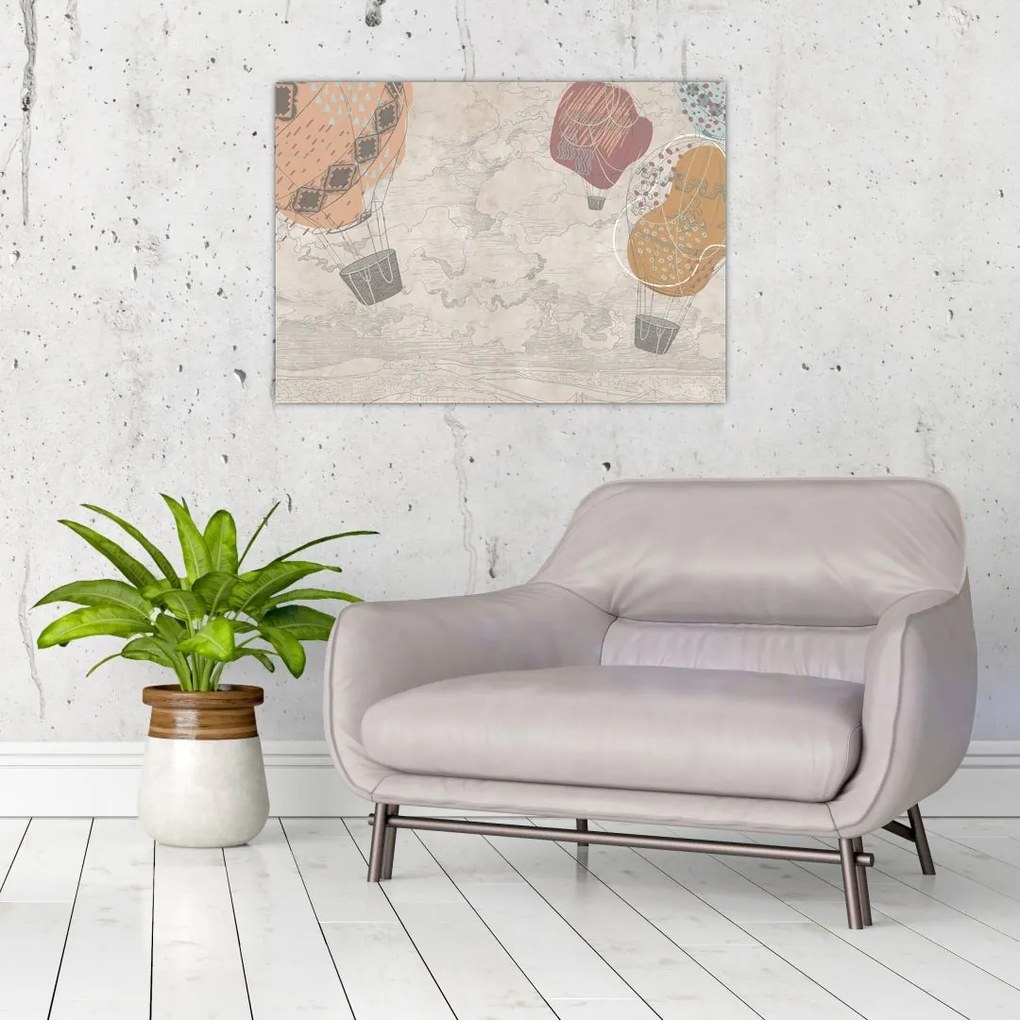 Tablou pe sticlă - Baloane deasupra orașului, nuanțe reci (70x50 cm)