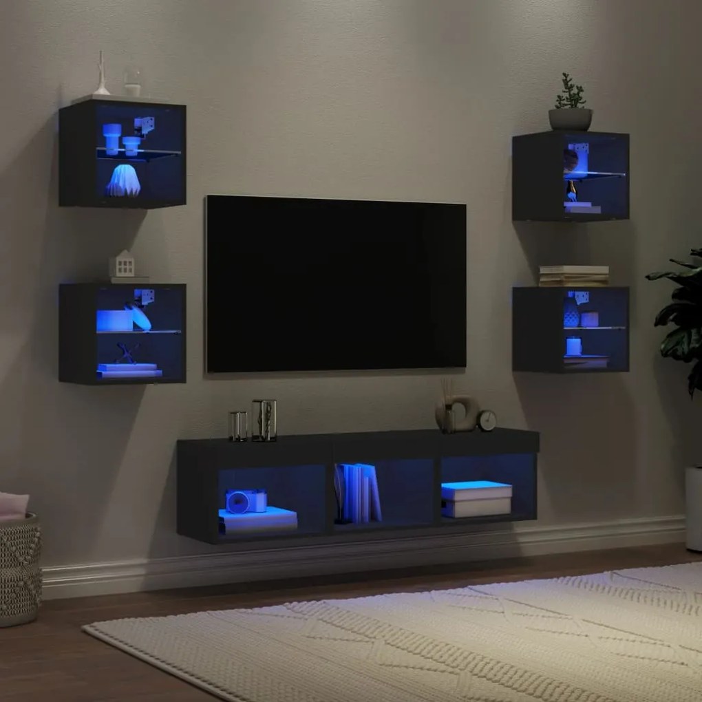 vidaXL Unități de perete TV cu LED-uri, 7 piese, negru, lemn prelucrat