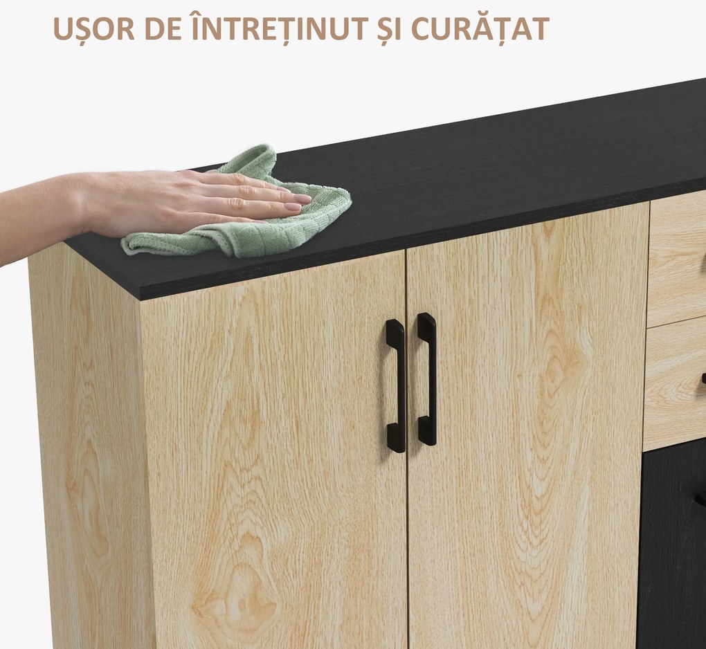 Bufet modern cu 2 dulapuri și 2 sertare, bufet de bucătărie cu raft reglabil, 90x30x75,5 cm, de culori nuc și negru HOMCOM | Aosom Romania