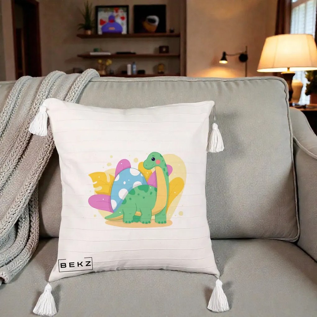 Perna Personalizata Dinozaur cu Ou Pastelat, 40x40 cm, Bej cu Franjuri, Husa Detasabila, Perna Inclusa, BEKZ®