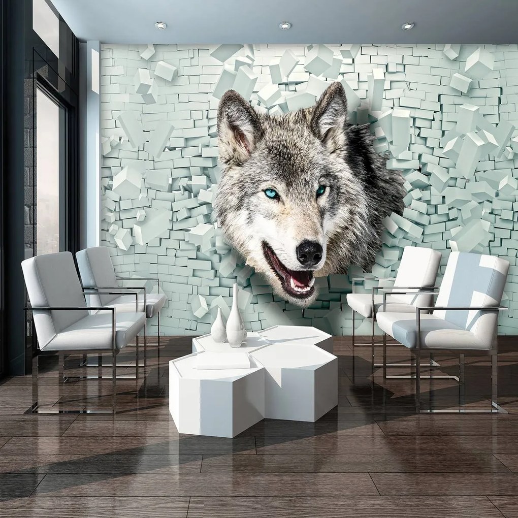 Fototapet - Lup iese din 3D perete (254x184 cm)