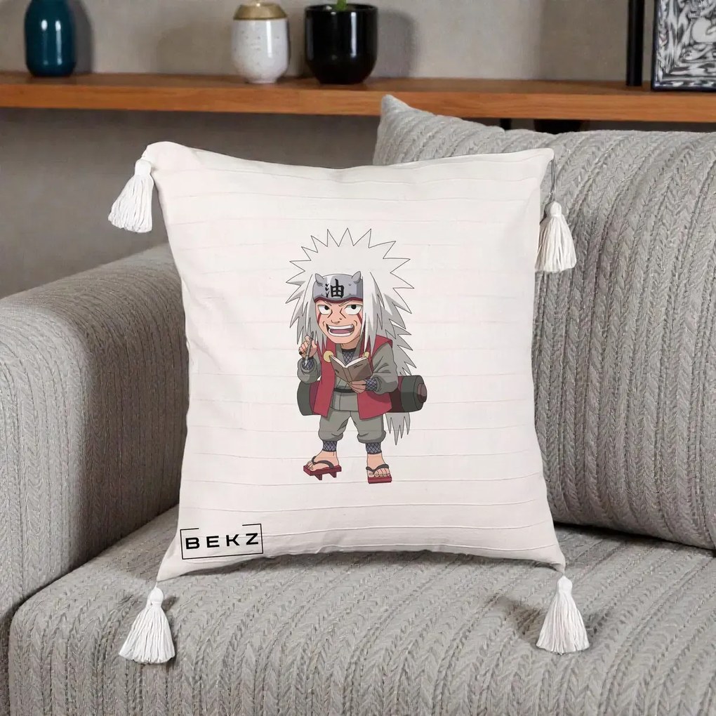 Perna Personalizata Naruto Jiraiya Sensei Chibi, 40x40 cm, Bej cu Franjuri, Husa Detasabila, Perna Inclusa, BEKZ®