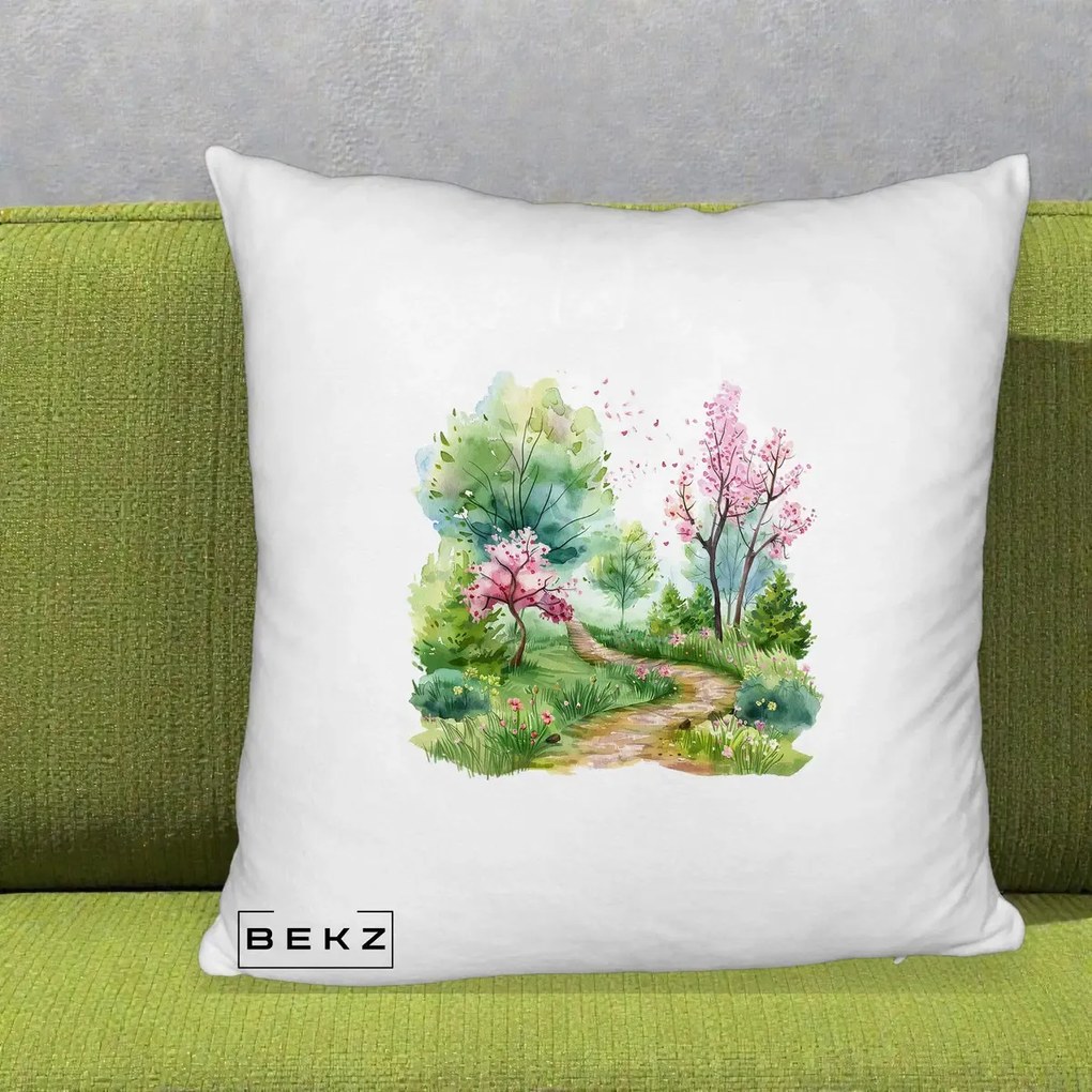 Perna Decorativa Gradina Primavara Acuarela, 40x40 cm, Alb Pufos, Husa Detasabila, Perna Inclusa, BEKZ®