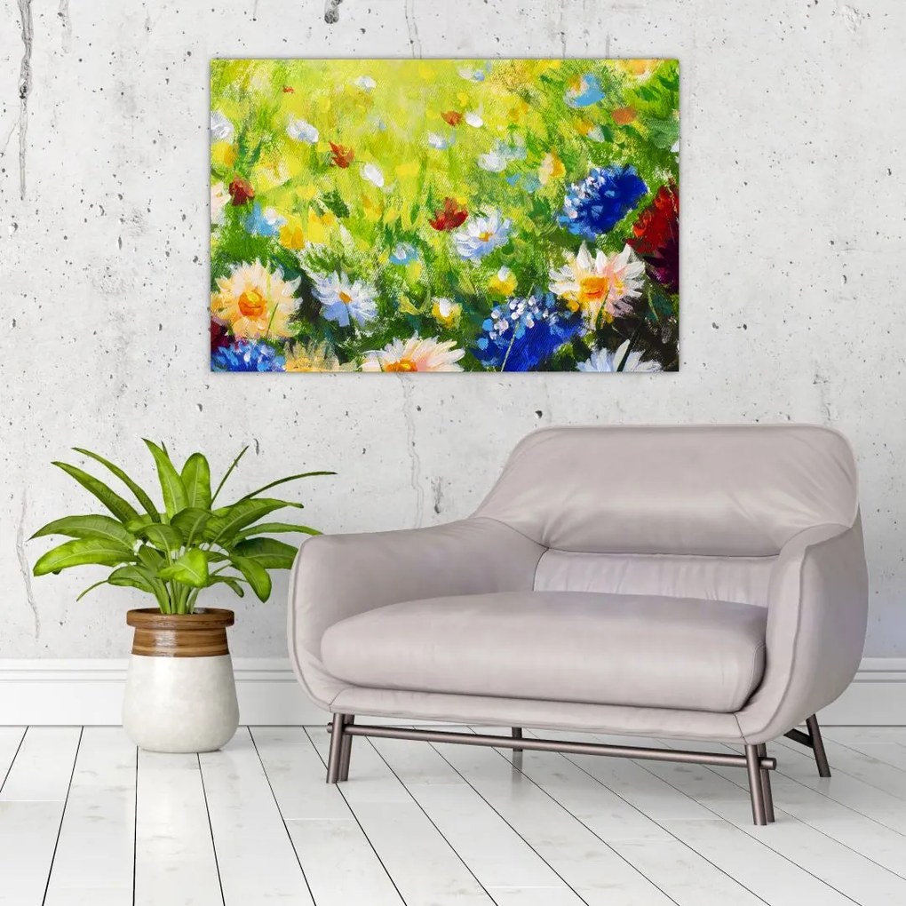 Tablou - Pictură în ulei, pajiște înflorită (90x60 cm)