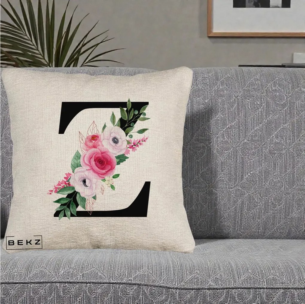 Cadou Personalizat - Perna Personalizata Monograma Florala Litera Z cu Buchet, 40x40 cm, Bej Canapea, Husa Detasabila, Perna Inclusa, BEKZ®