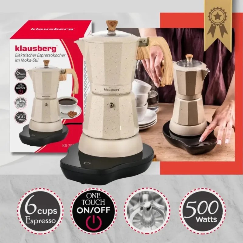 Cafetiera moka electrica Klausberg KB 7999, 500 W, 6 cesti, Element de incalzire incorporat, Supapa de siguranta, Bej