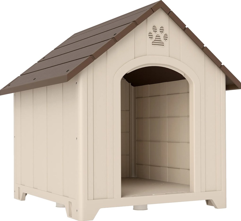 PawHut Căsuță pentru Câini de Exterior, Talie Mare și XL, Adăpost din Plastic Impermeabil cu Bază Ridicată, Ferestre și Acoperiș Înclinat pentru Grădină, Terasă, Curte, 102x94x103 cm, Bej | Aosom Romania