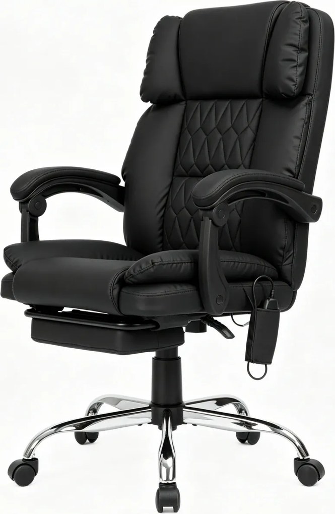 PRESTIGE CONFORT OC-514 – Scaun directorial cu Masaj în 7 puncte, Telecomandă, mecanism multifuncțional, reglare pe înălțime, suport pentru picioare, bază cromată, tapițerie PU, Negru