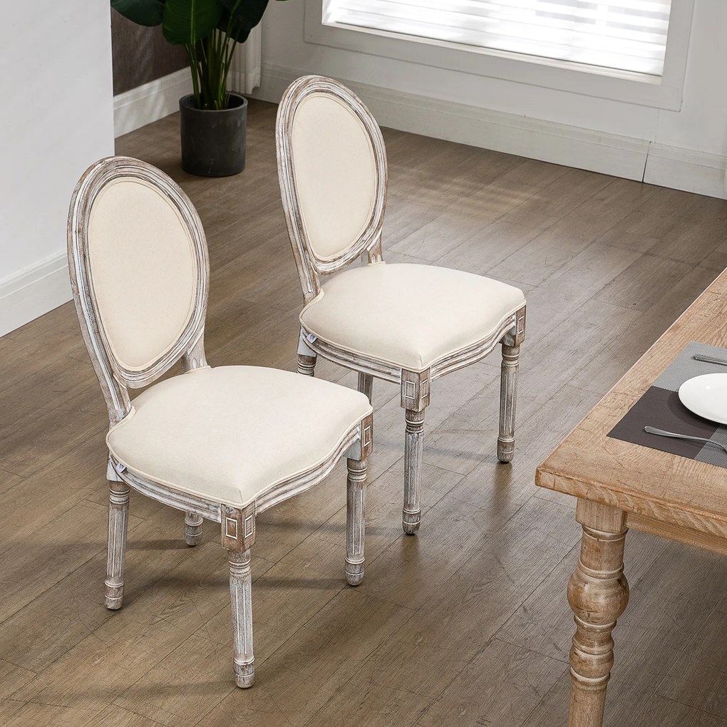 HOMCOM Set de 2 Scaune Vintage Fără Brațe, Scaune în Stil Franțuzesc cu Spătar Curbat și Tapițerie din In, 51x55x96 cm, Alb Crem | Aosom Romania
