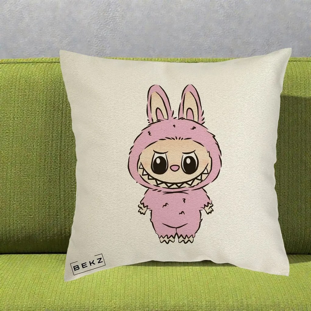 Perna Personalizata Labubu Mov Pastel, 40x40 cm, Ecru, Husa Detasabila, Perna Inclusa, BEKZ®