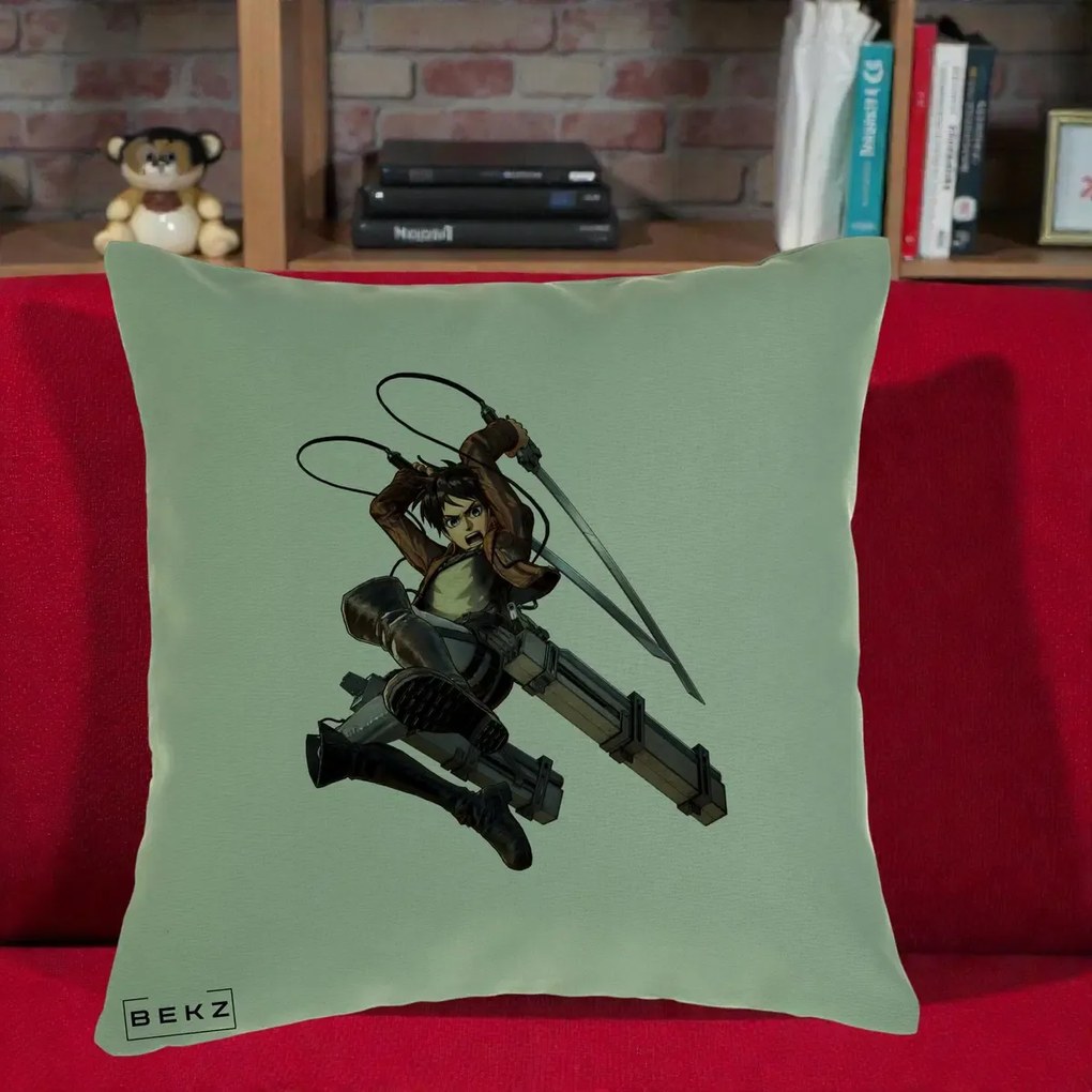 Perna Personalizata Attack on Titan Eren Yeager Lupta, 40x40 cm, Verde, Husa Detasabila, Perna Inclusa, BEKZ®
