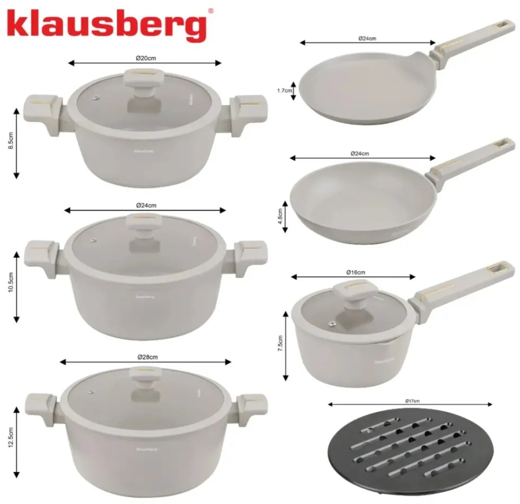 Set oale marmorate cu tigaie clatite 12 peise Klausberg KB-7967, crem