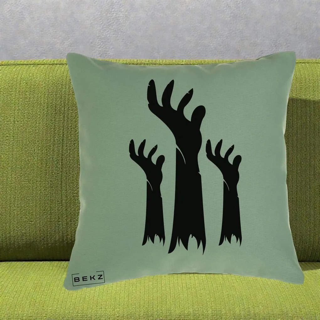 Perna Decorativa Halloween Maini Zombie Alb-Negru, 40x40 cm, Verde, Husa Detasabila, Perna Inclusa, BEKZ®