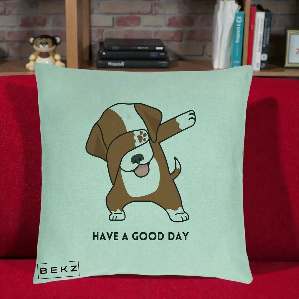 Perna Decorativa Caine Dab Have A Good Day, 40x40 cm, Verde Menta, Husa Detasabila, Perna Inclusa, BEKZ®