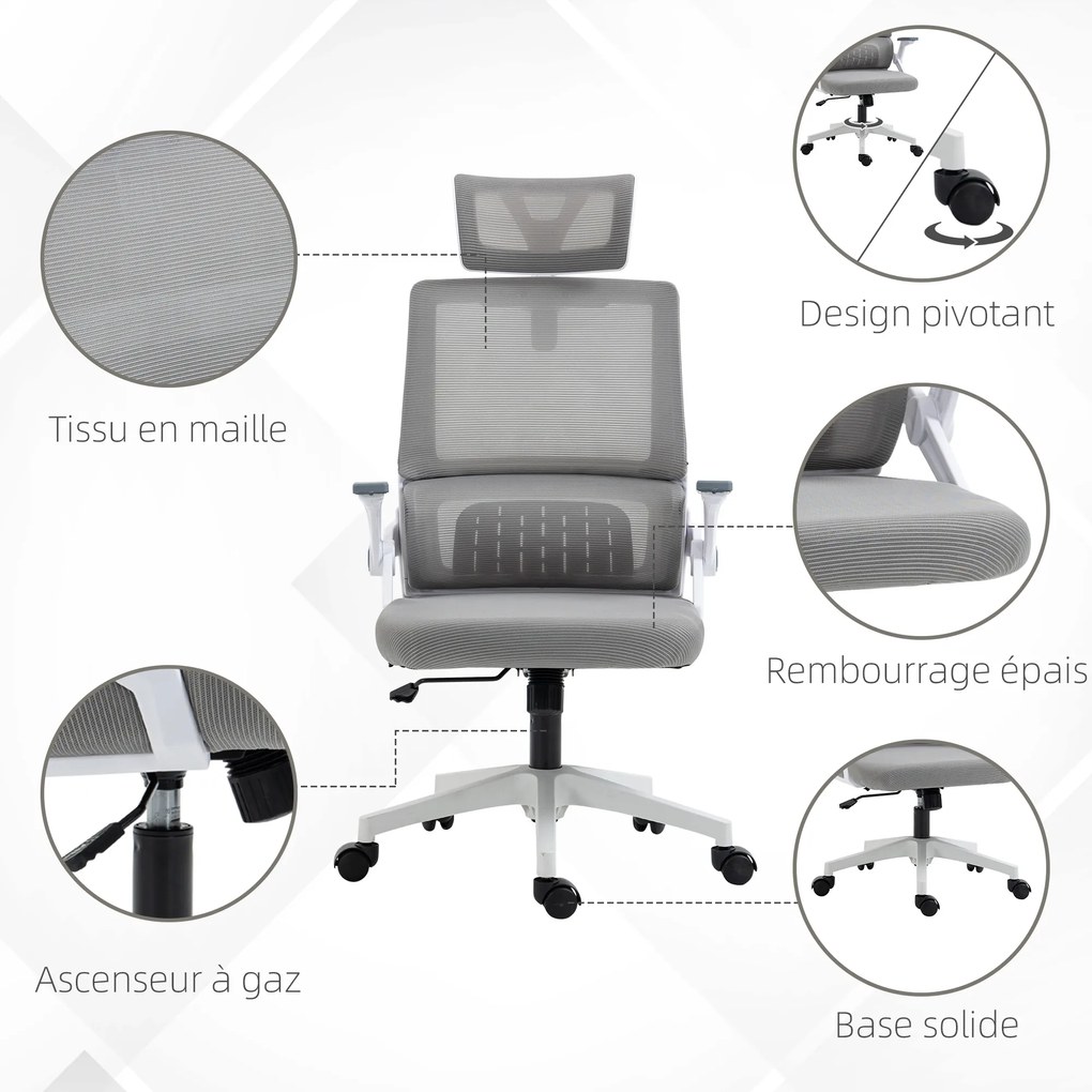 Vinsetto Scaun de birou reglabil material plasa din poliester spatar ergonomic inclinabil pivotant Gri | Aosom Romania