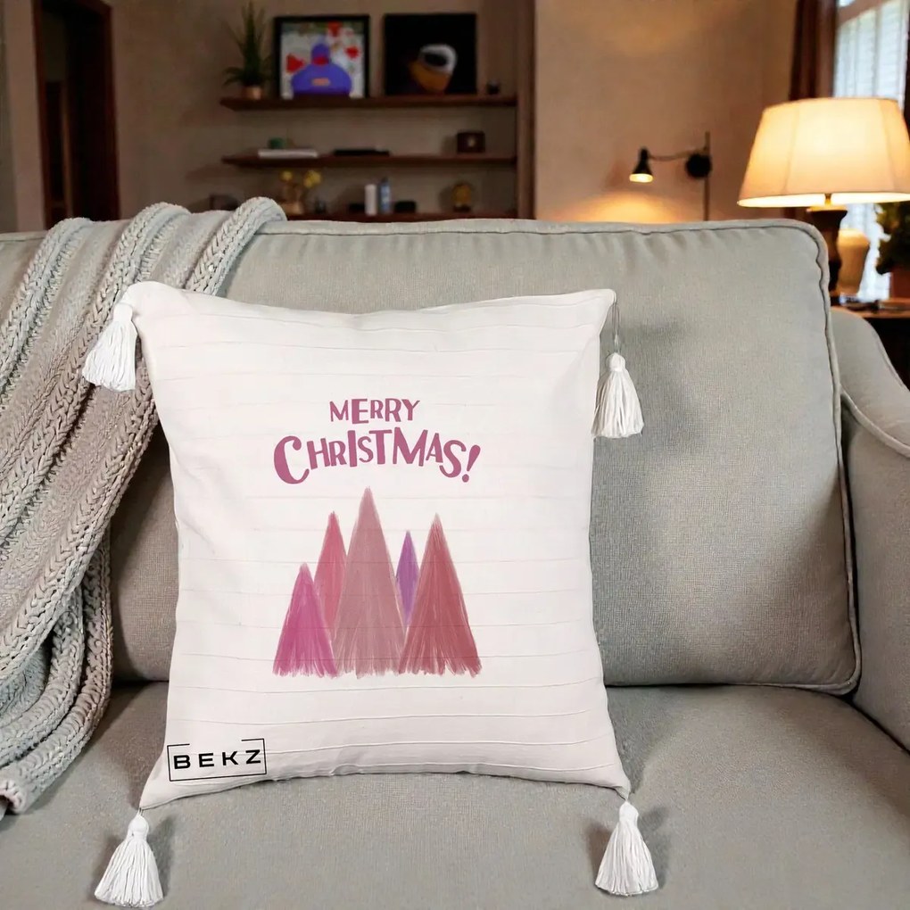 Perna Decorativa Merry Christmas Brazi Roz, 40x40 cm, Bej cu Franjuri, Husa Detasabila, Perna Inclusa, BEKZ®
