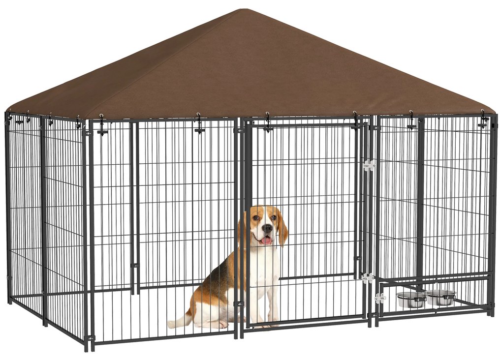 PawHut Chenil exterior pentru câini din oțel și material Oxford Suport pentru castron și Acoperiș rezistent la intemperii Spațiu încăpător | Aosom Romania