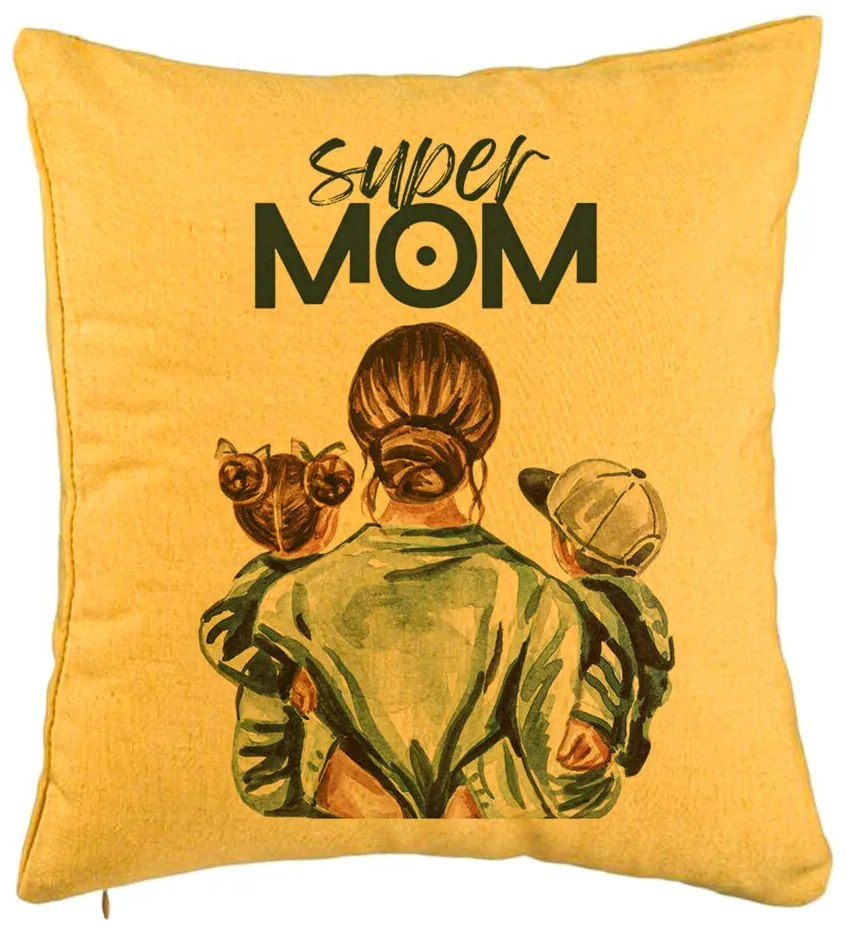 Perna Decorativa, Model Super Mom, 40x40 cm, Galben, Husa Detasabila, Burduf