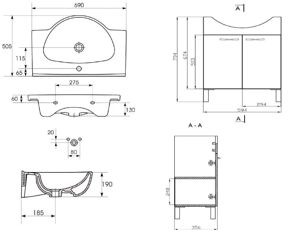 Set dulap baie cu 2 usi si lavoar inclus, 69 x 50 cm, Cersanit Sati Emilia