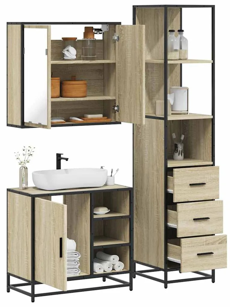 vidaXL Set mobilier de baie, 3 piese, stejar sonoma, lemn prelucrat