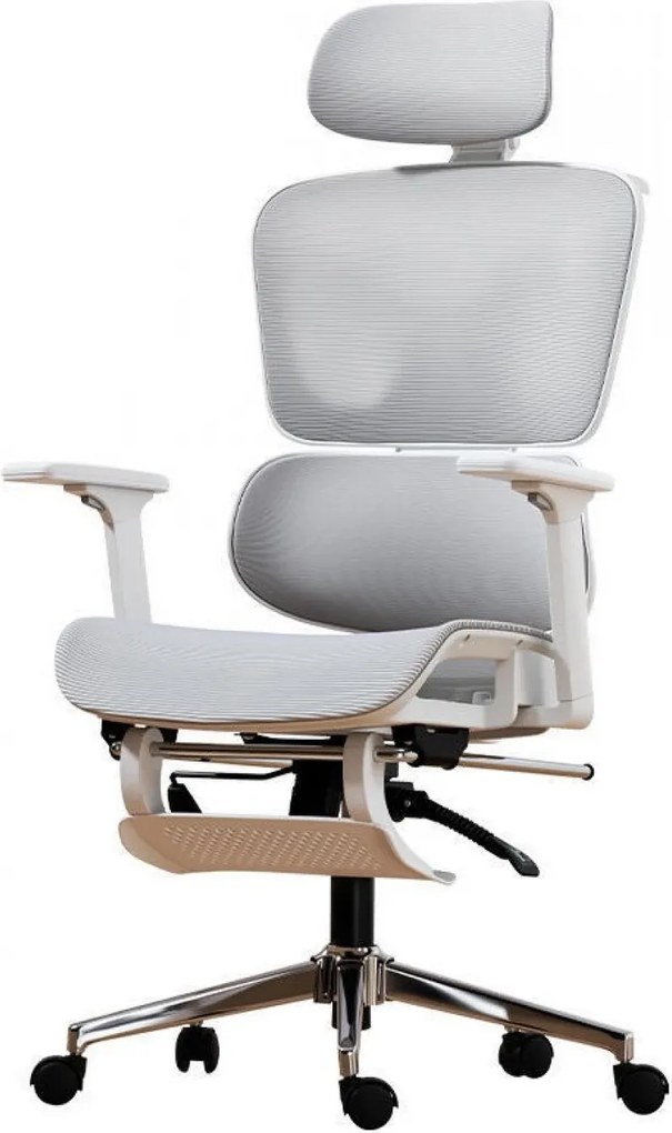 AERION – Scaun ergonomic, spătar ergonomic segmentat, suport lombar 3D, tetieră reglabilă, cotiere 3D, suport pentru picioare, înclinare până la 145°, bază metalică, Mesh, Alb/Gri