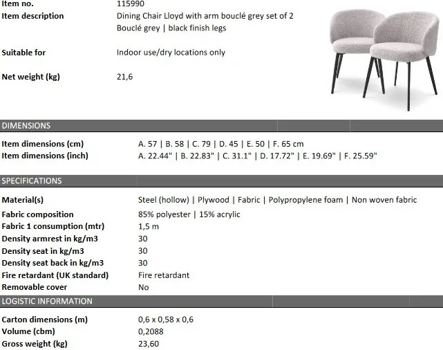 Set de 2 scaune cu brate design LUX Lloyd, boucle gri 115990 HZ