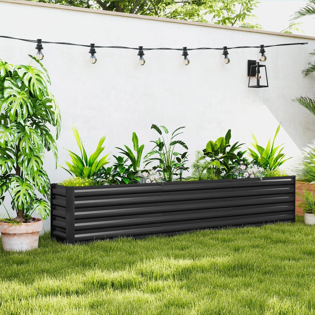 Outsunny Pătrat de grădină pat înălțat din oțel galvanizat bare de susținere și plăci de colț fund deschis 240 x 40 x 45 cm gri închis | Aosom Romania