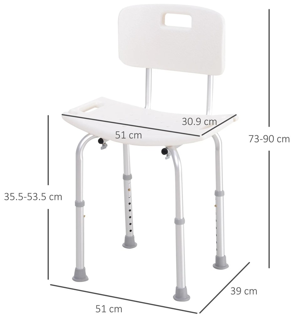 HOMCOM Scaun de Duș Antiderapant cu Spătar și Înălțime Reglabilă pe 8 Poziții, 50,6x43x71-88 cm, Alb | Aosom Romania