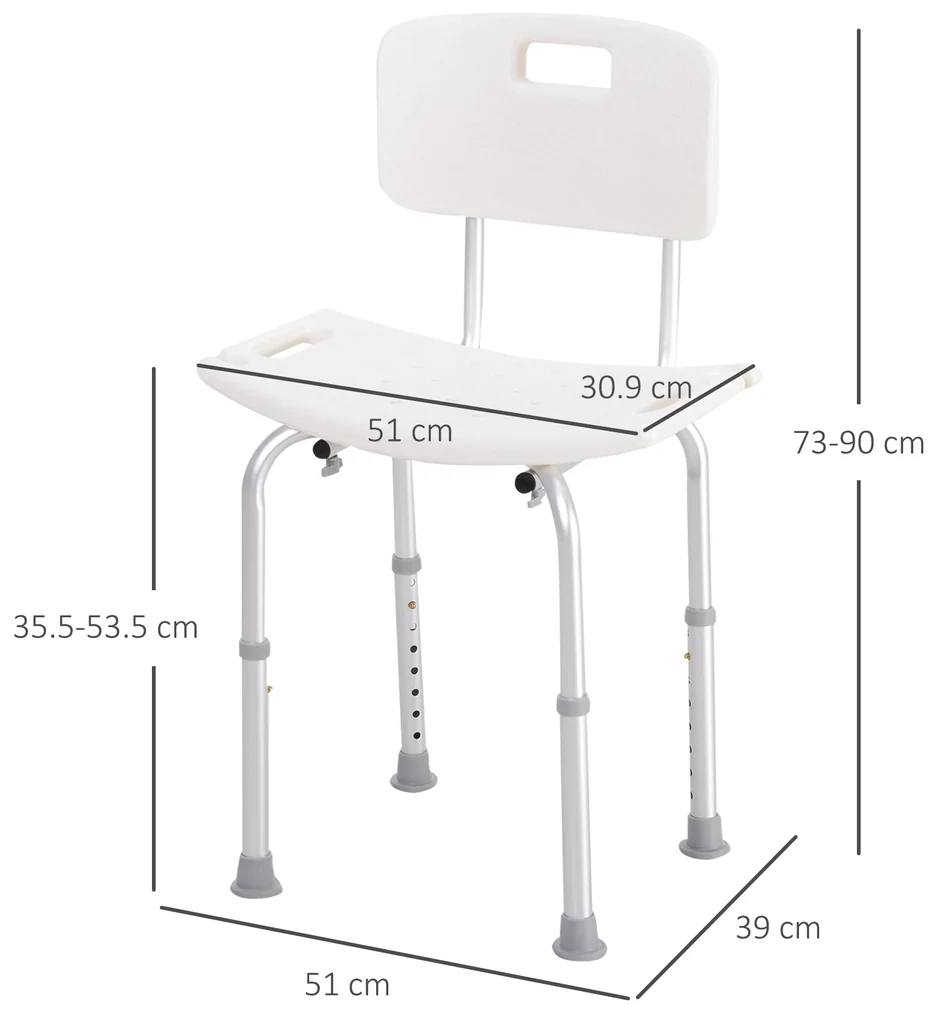 HOMCOM Scaun de Duș Antiderapant cu Spătar și Înălțime Reglabilă pe 8 Poziții, 50,6x43x71-88 cm, Alb | Aosom Romania
