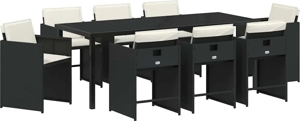 vidaXL Set de masă pentru grădină cu pernă 9 pcs Negru poliratan