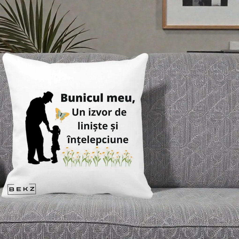 Cadou pentru Bunic - Perna Personalizata Bunicul Meu Izvor de Liniste cu Fluture si Fetita, 40x40 cm, Alba Mata, Husa Detasabila, Perna Inclusa, BEKZ®