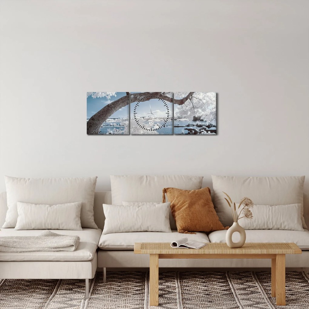 Tablou cu copac înzăpezit lângă apă (cu ceas) (90x30 cm)